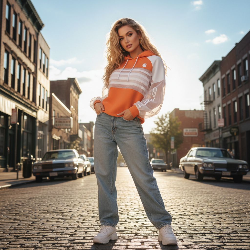 Women's Hoodie Orange White Color Block Mesh Patchwork Cropped Sweatshirt