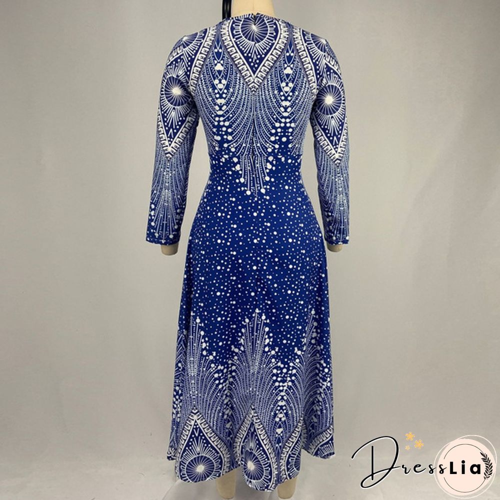 V-neck Retro Print Long-sleeved Dress Spring and Autumn Women's Clothing