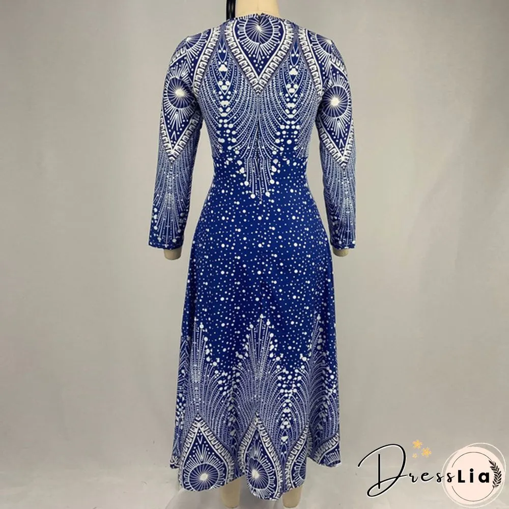 V-neck Retro Print Long-sleeved Dress Spring and Autumn Women's Clothing