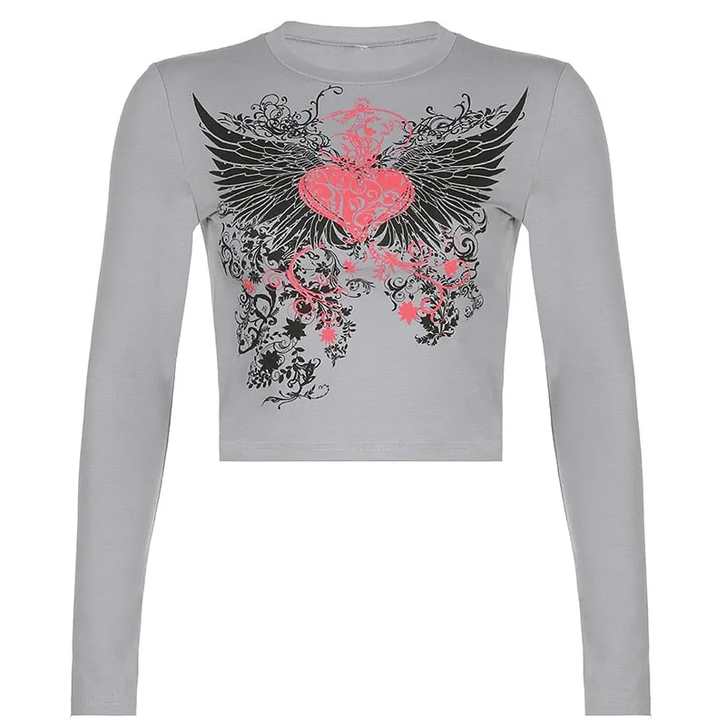 HEYounGIRL Heart Print 2000s Aesthetic Crop Top T Shirt Women Harajuku Black Long Sleeve T-shirt Ladies Fashion Basic Tshirt