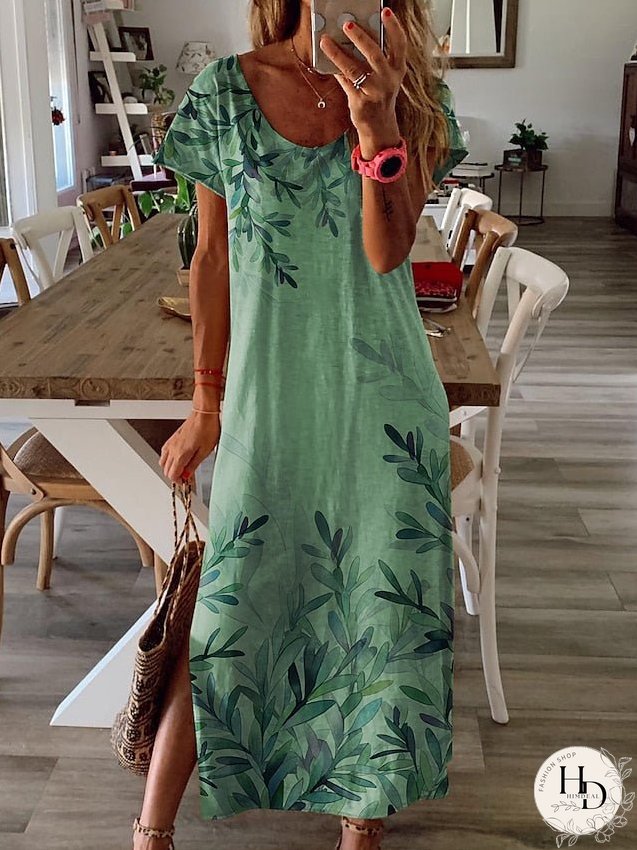 Casual Dress Summer Dress Print Dress Leaf Split Print Crew Neck Long Dress Maxi Dress Fashion Streetwear Outdoor Daily Short Sleeve Regular Fit White Yellow Blue Summer S M L XL XXL for Women
