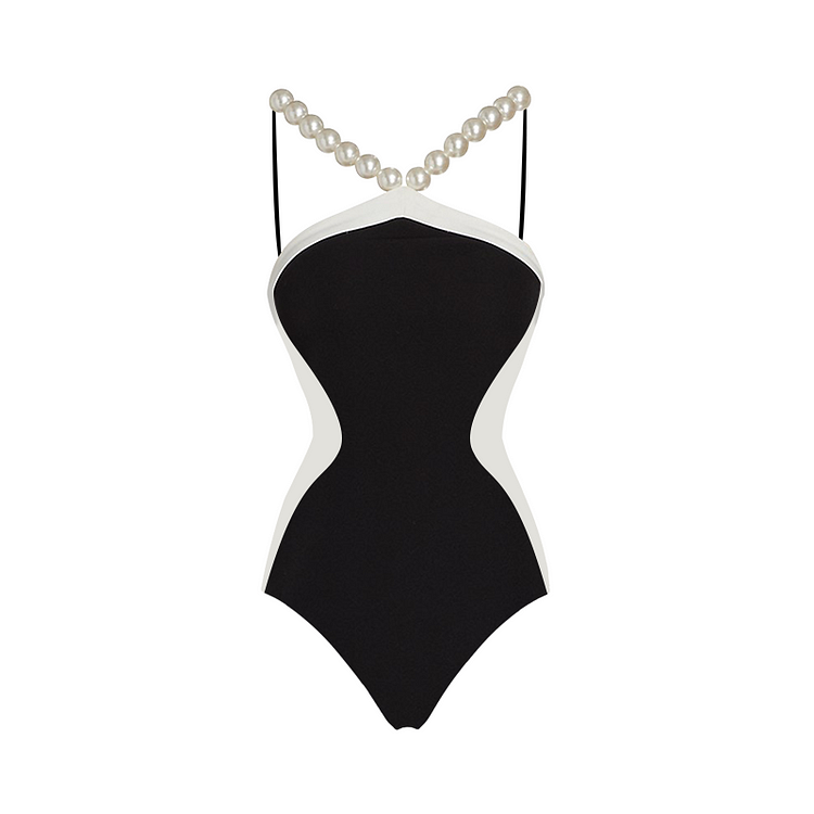 Halter Artificial Pearl Chain One Piece Swimsuit and Skirt Flaxmaker