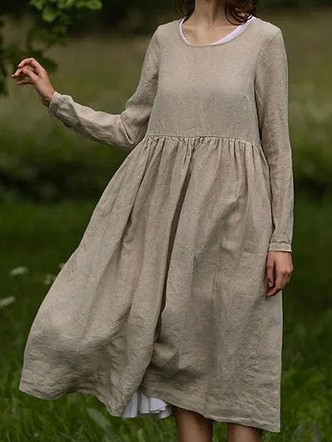 Women's solid color cotton and linen dress