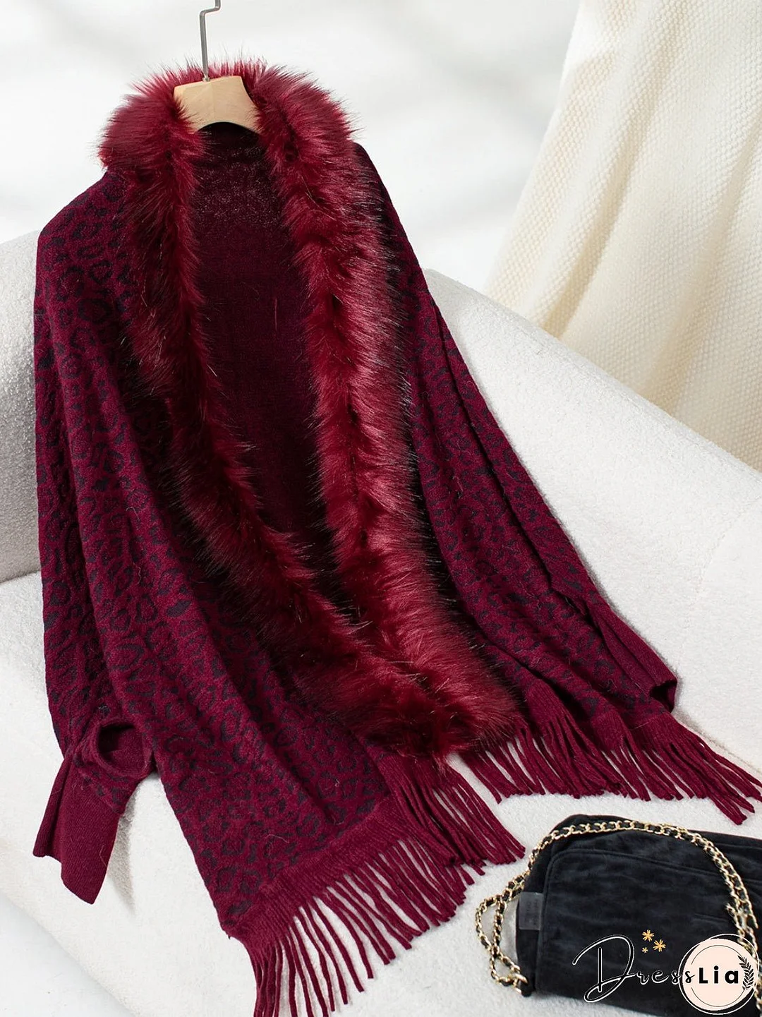 Fringe Leopard Open Front Long Sleeve Poncho