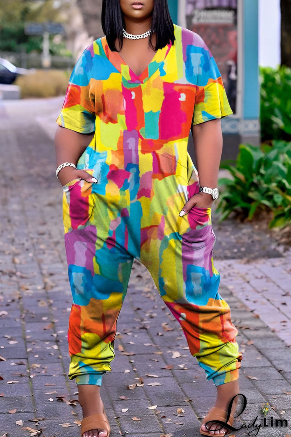 Lake Blue Street Print Patchwork V Neck Harlan Jumpsuits
