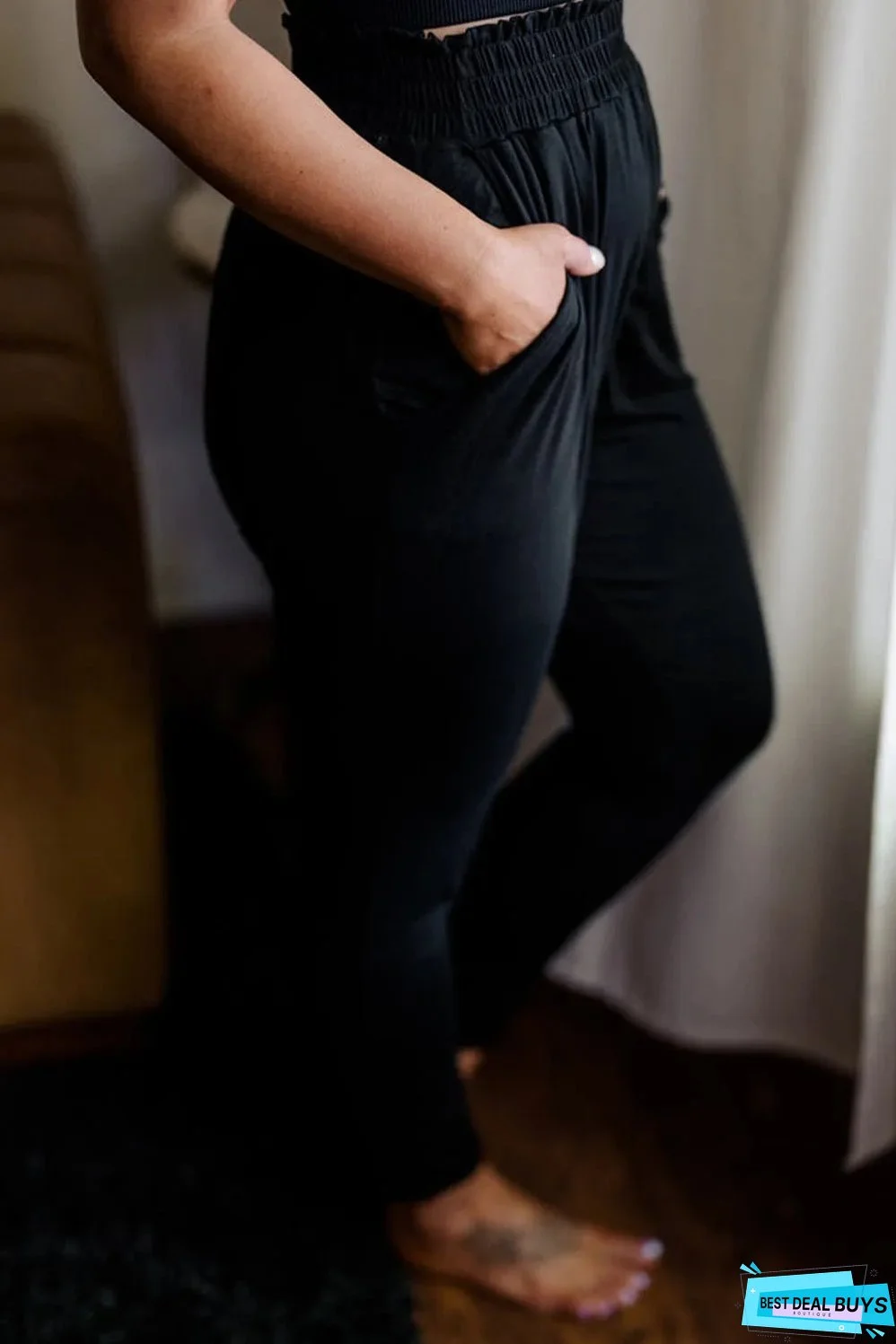 Black Plus Size Frill High Waist Pocketed Soft Pants