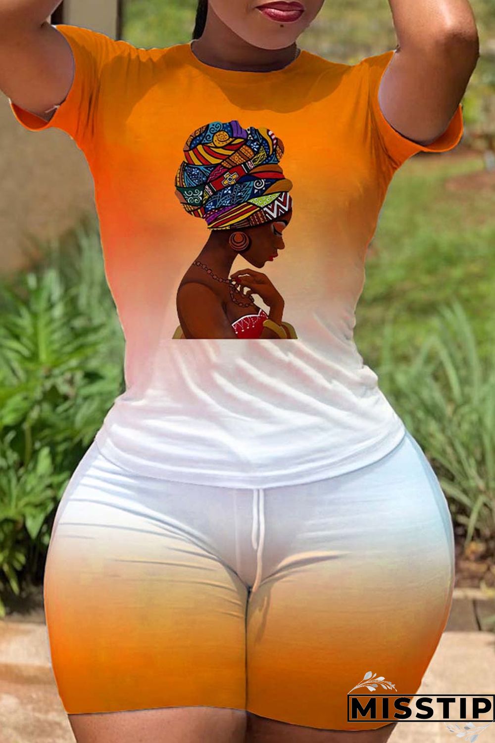 Orange Casual Gradual Change Print Basic O Neck Short Sleeve Two Pieces