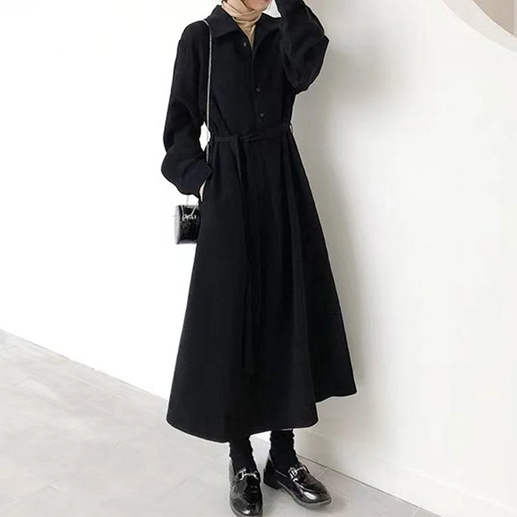 Black Solid Long Sleeve Shift Buttoned Dresses QueenFunky