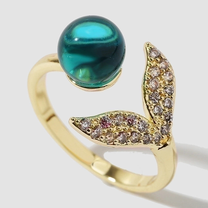 Simple Bead Mermaid Tail Open Creative Copper Inlaid Zirconium Ring Jewelry