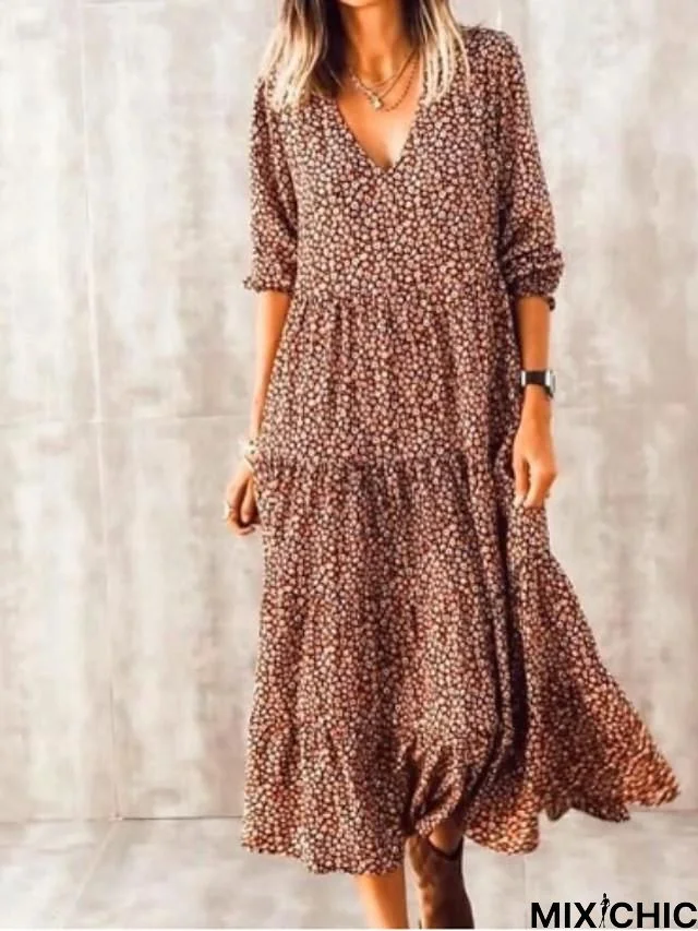 Women's Swing Dress Midi Dress - Long Sleeve Print Spring Summer Casual Boho Vacation Dresses Lantern Sleeve Brown