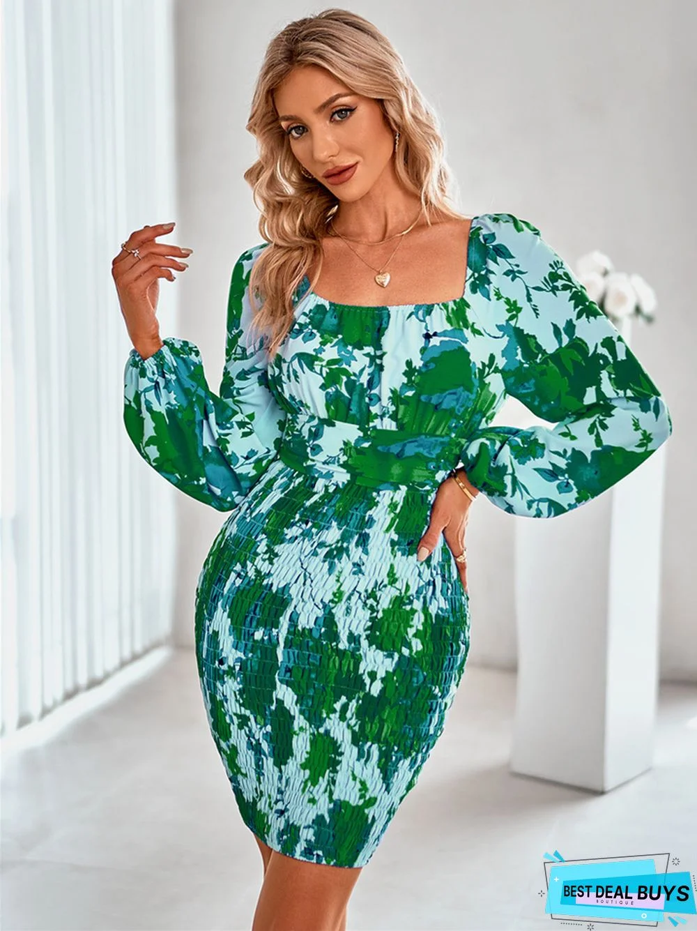 Fashion Long Sleeve Slim Print Hip Dress