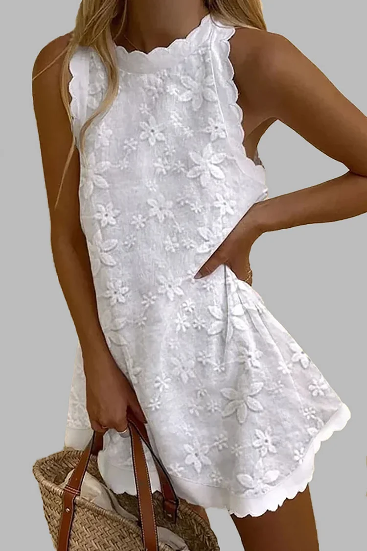 Floral embroidered linen Sleeveless Casual Linen Mini Dress