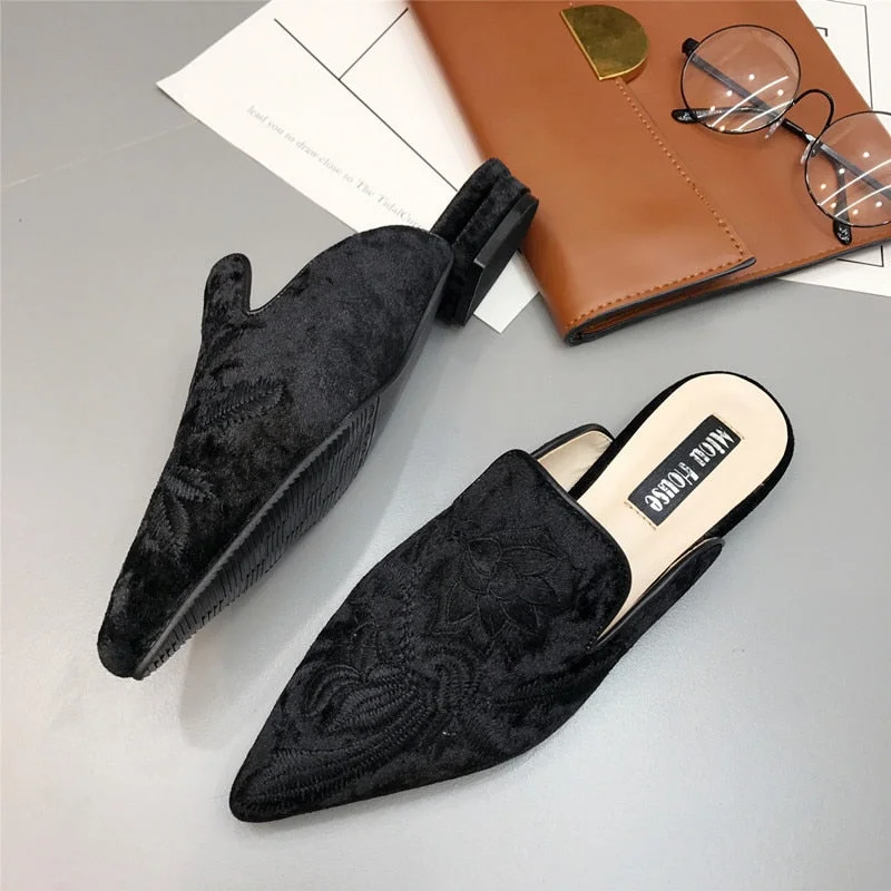 gold velvet mules shoes women embroidery flower slippers pointed toe flock flat moccasins embroider floral loafers flats 2019
