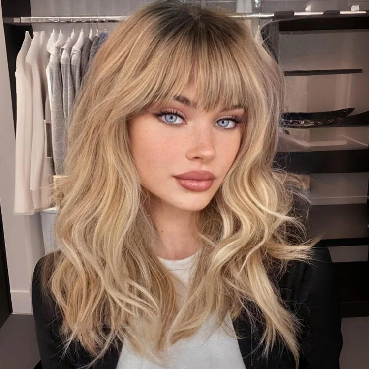 Short Wavy Brown Wig with Bangs