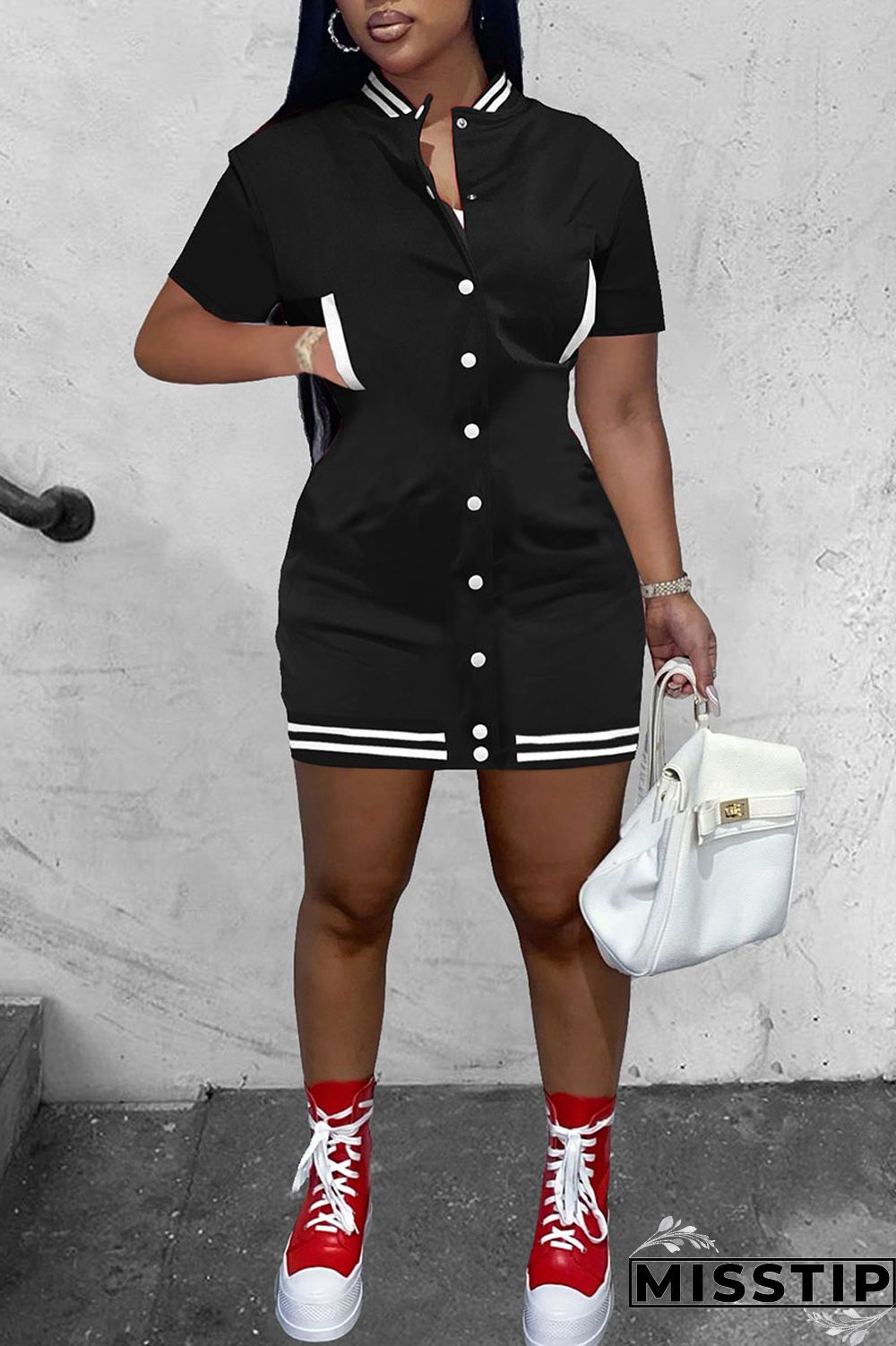 Red Casual Solid Patchwork Pocket Buckle Dresses