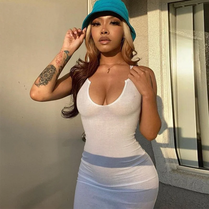 Hugcitar 2021 Sleeveless Solid Square Collar Ribbed Skinny Maxi Dress Spring Summer Women Fashion Sexy Streetwear Lounghe Wear