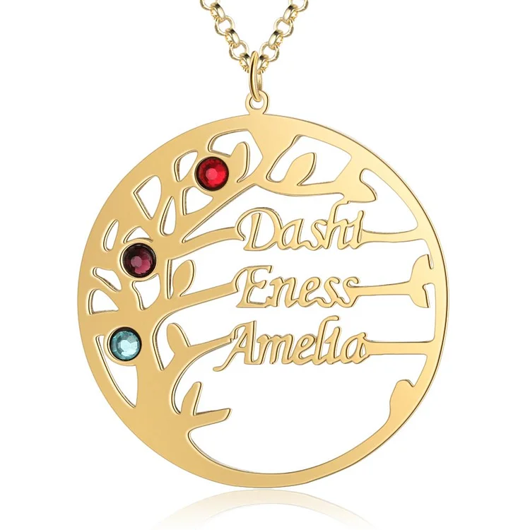 Family Tree Name Necklace with 3 Birthstones Custom 3 Names Personalized Tree Of Life Pendant