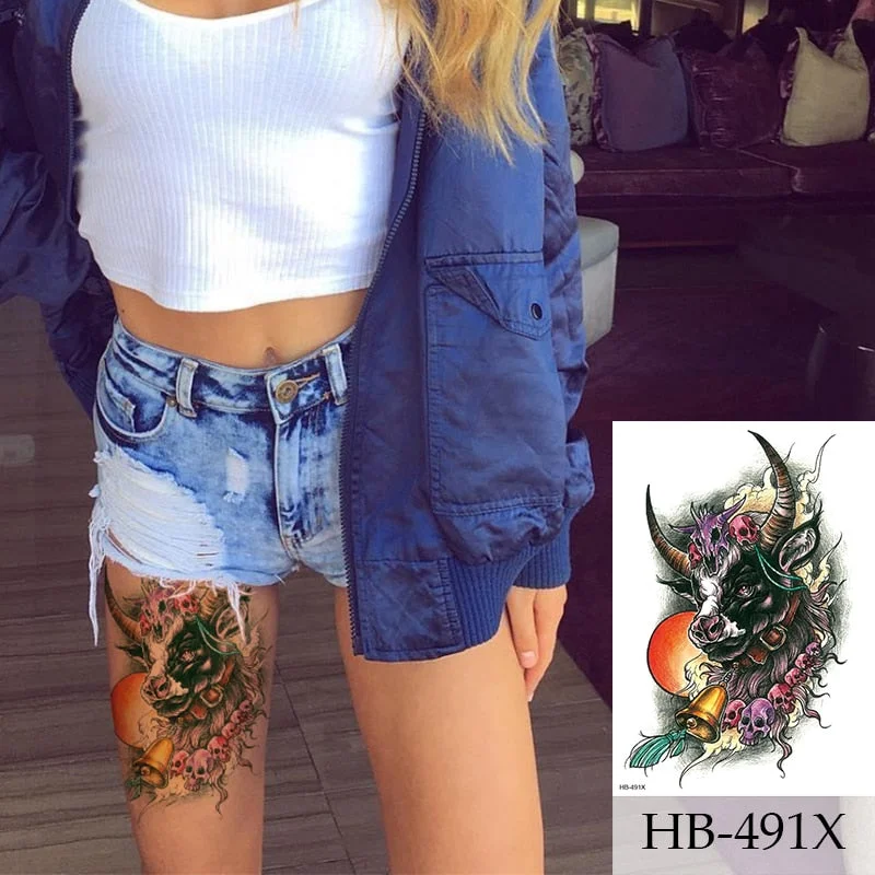 Tribal Temporary Tattoo - Polynesian Bull Maori Shoulder Arm Black Mens Womens