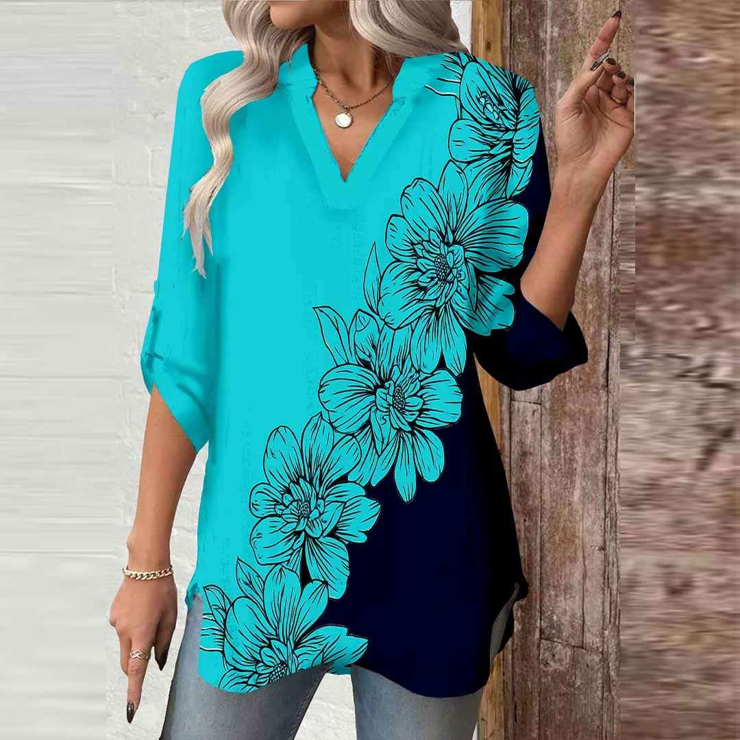 Women Floral,Stitching,Green DZGA0624 3/4 Sleeve V-neck Printed Graphic Button Tops
