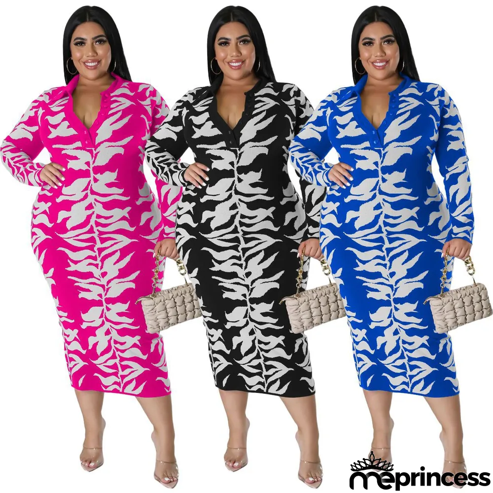 Plus Size Printed Long Sleeve Maxi Dress