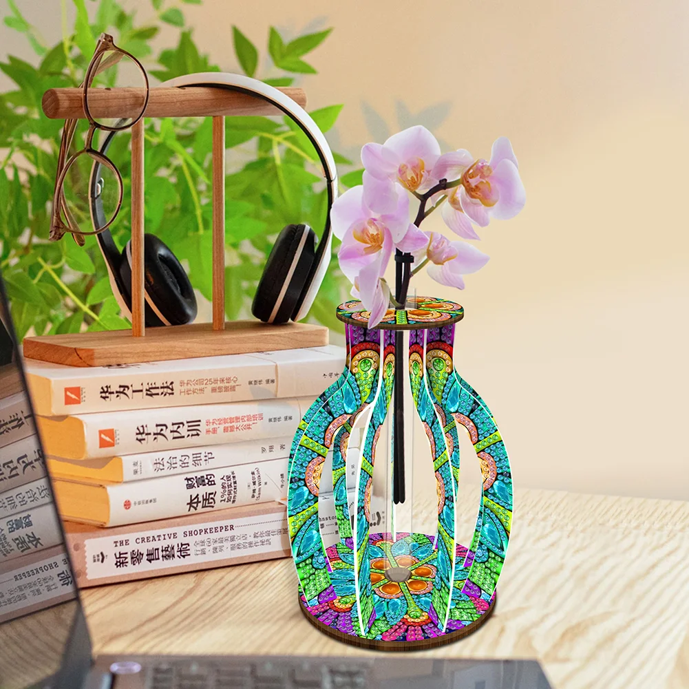 DIY Wood Mandala Diamond Painting Flower Vase Ornaments for Home Office Decor