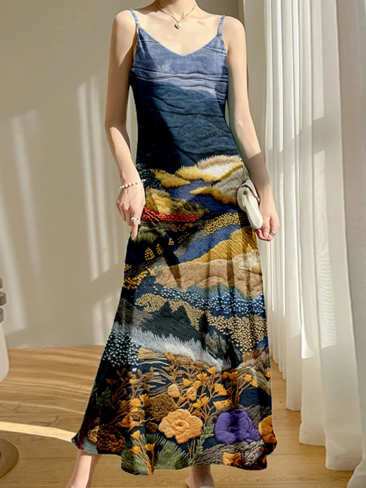 Tranquil Meadow Landscape Embroidery Art Cami Maxi Dress