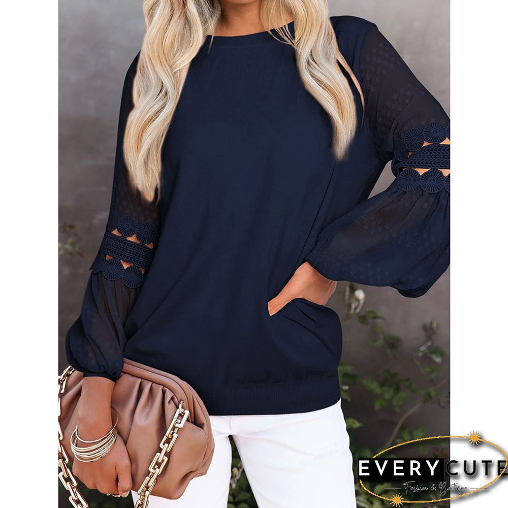 Navy Blue Splicing Hollow-out Lantern Sleeve Tops