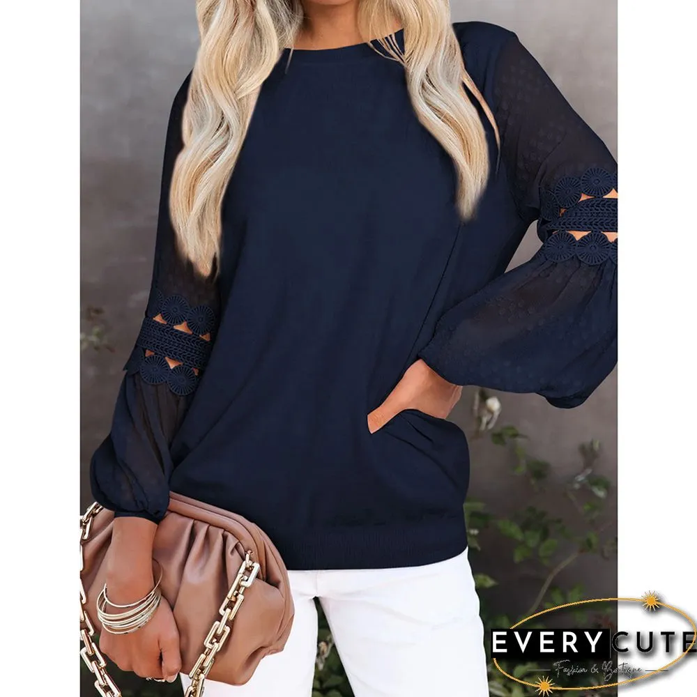 Navy Blue Splicing Hollow-out Lantern Sleeve Tops