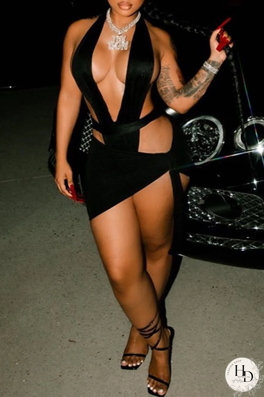 Black Sexy Solid Bandage Halter Sleeveless Two Pieces