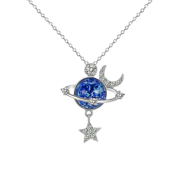 For Daughter - S925 My Love Will Always Encircle You Like This Satellite Orbiting The Planet Blue Star Crystal Necklace