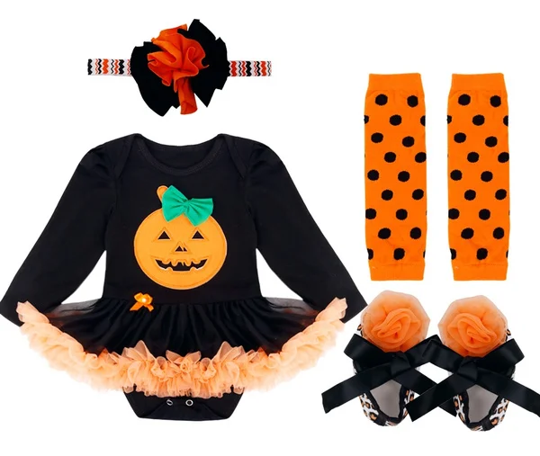 4Pcs Cute Halloween Pumpkin Kids Baby Girl Cotton Bodysuit Romper Jumpsuit Outfits Party Costume for Photos Props