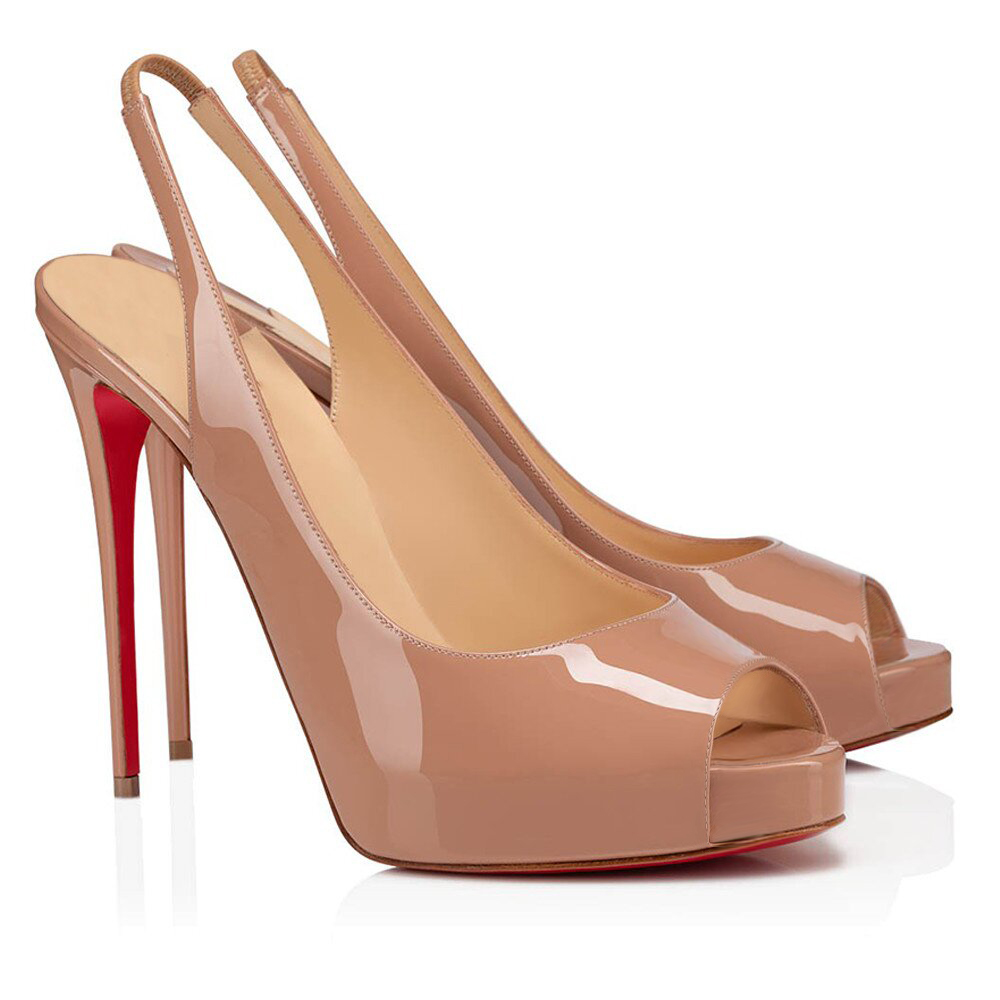 120mm Red Bottom Elastic Strap Slingback Sandals Peep Toe Platform Stilettos Nude Patent Heels-MERUMOTE