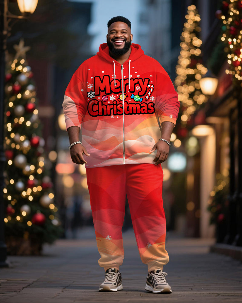 Big & Tall Men's Merry Christmas Gradient Alphabet Print Cardigan Hoodie Suit