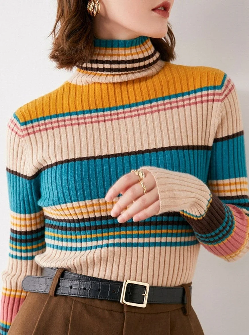 Fall/Winter Turtleneck Color Striped Slim-Fit Knit Sweater
