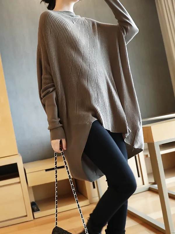Original Creation High-Low Batwing Sleeves Pure Color Sweater Tops Pullovers