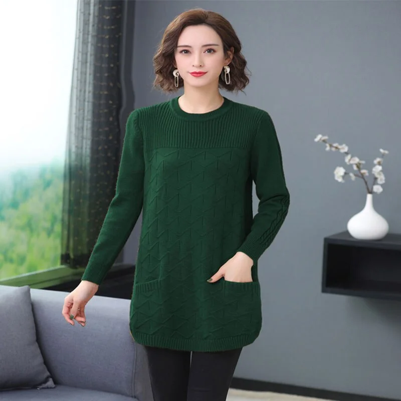 Autumn Winter Women Knit Sweater Pullover Mid-length Solid Long Sleeve  Sweater Loose Knit Bottoming Shirt Female Plus Size T326