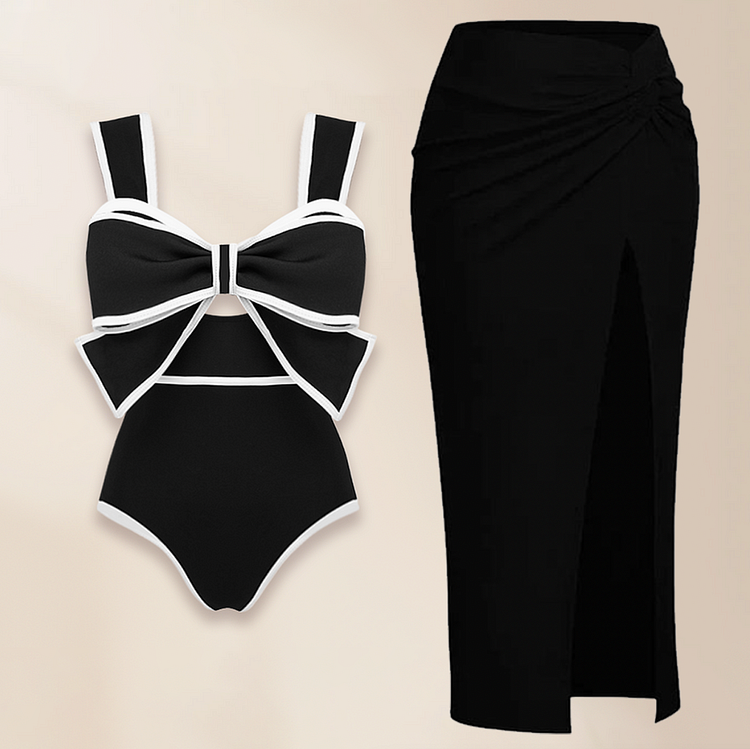 Plus Size Bow Decor One Piece Swimsuit and Skirt Flaxmaker