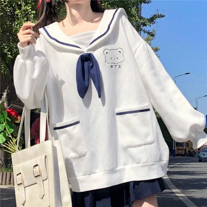 Christmas Gift QWEEK Kawaii Hoodies Women Sailor Collar Sweatshirt Japan Style Oversized Soft Girl Navy Long Sleeve Top Funny Bear Crewneck