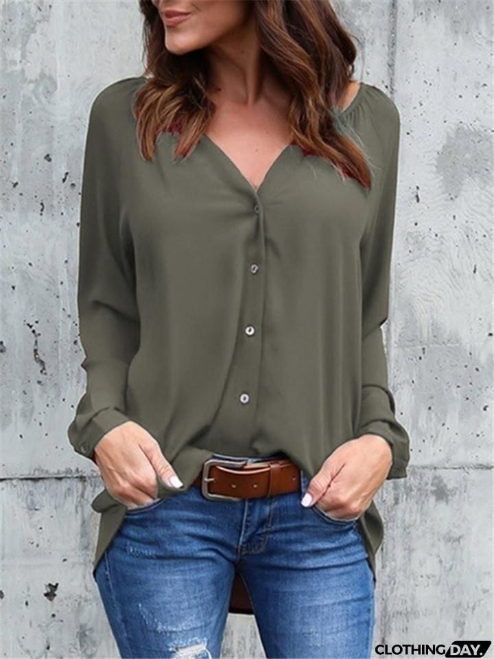 Relaxed Fit V Neck Solid Color Long Sleeve Button Up Chiffon Blouse