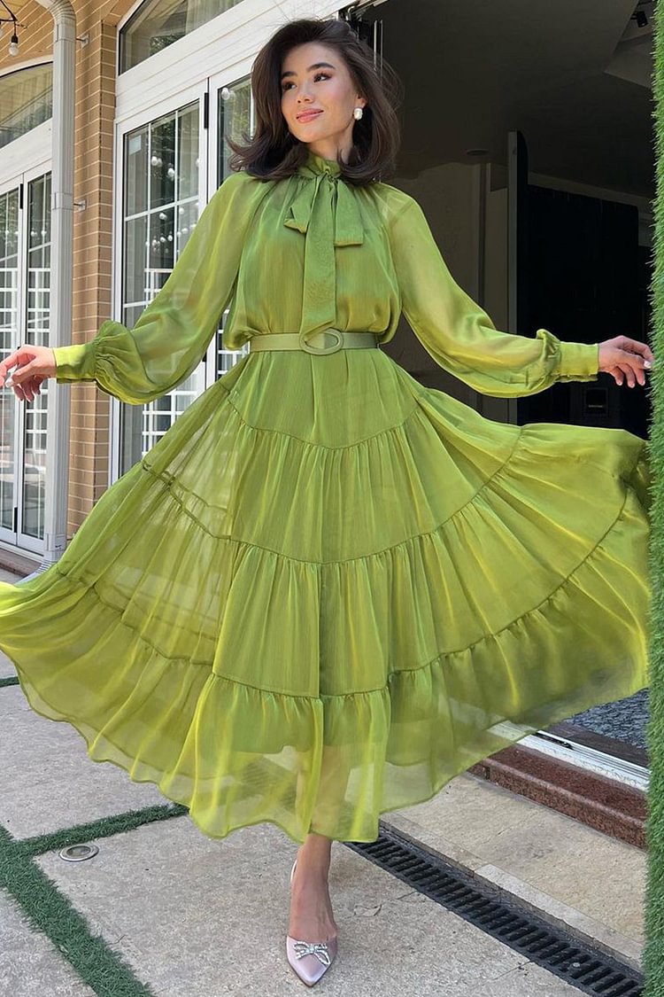 Long Bell Sleeve Mesh Knotted High Neckline Tiered Maxi Dresses