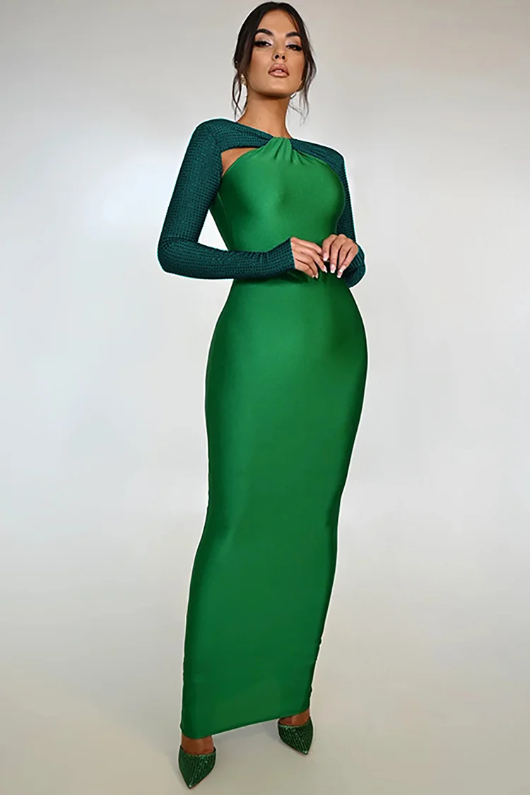 Long Rhinestone Sleeve Twisted Patchwork Slim Maxi Wedding Guest  Dresses