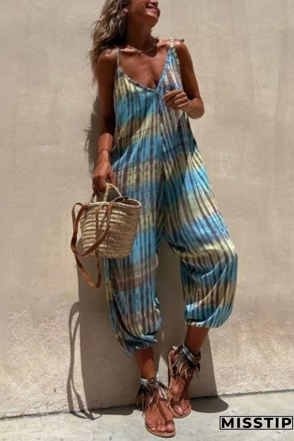 V-neck Printed Loose Lace-up Jumpsuit