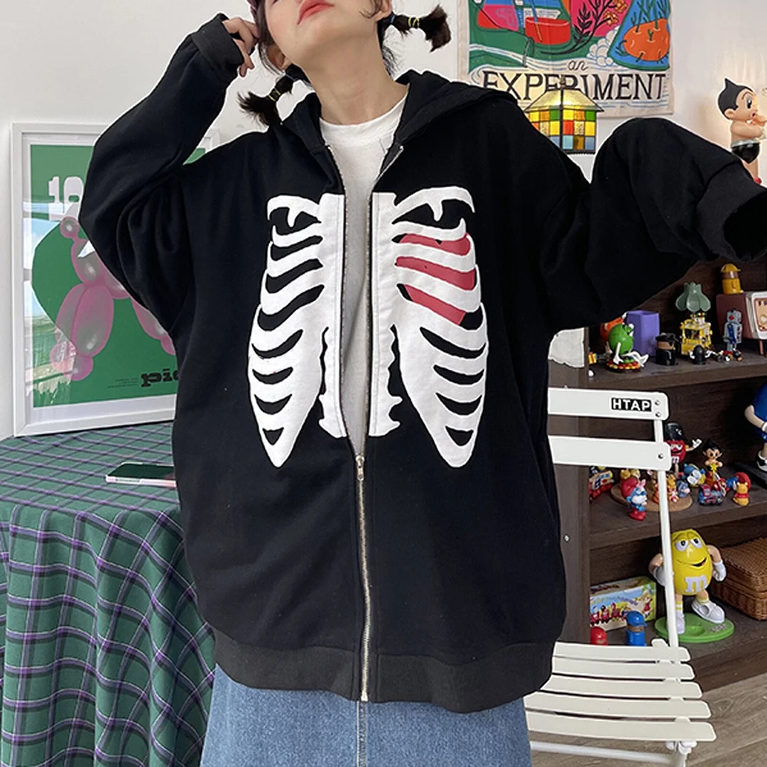 Billlnai  2023  Women Skeleton Printing Oversized Y2K Zipper Sweatshirt Long Sleeve Sweatshirts Harajuku Aesthetic Jackets Coat Streetwear