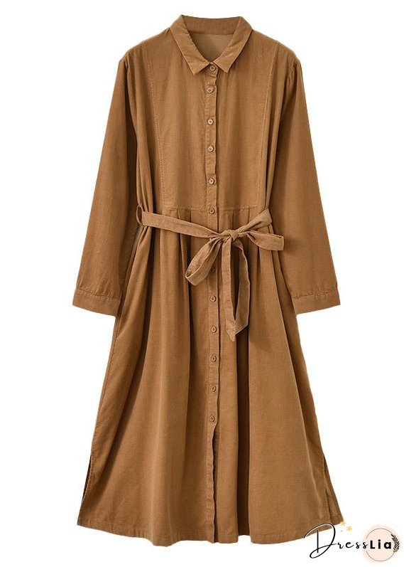 New Light Camel Button Tie Waist Patchwork Corduroy Shirts Dress Fall