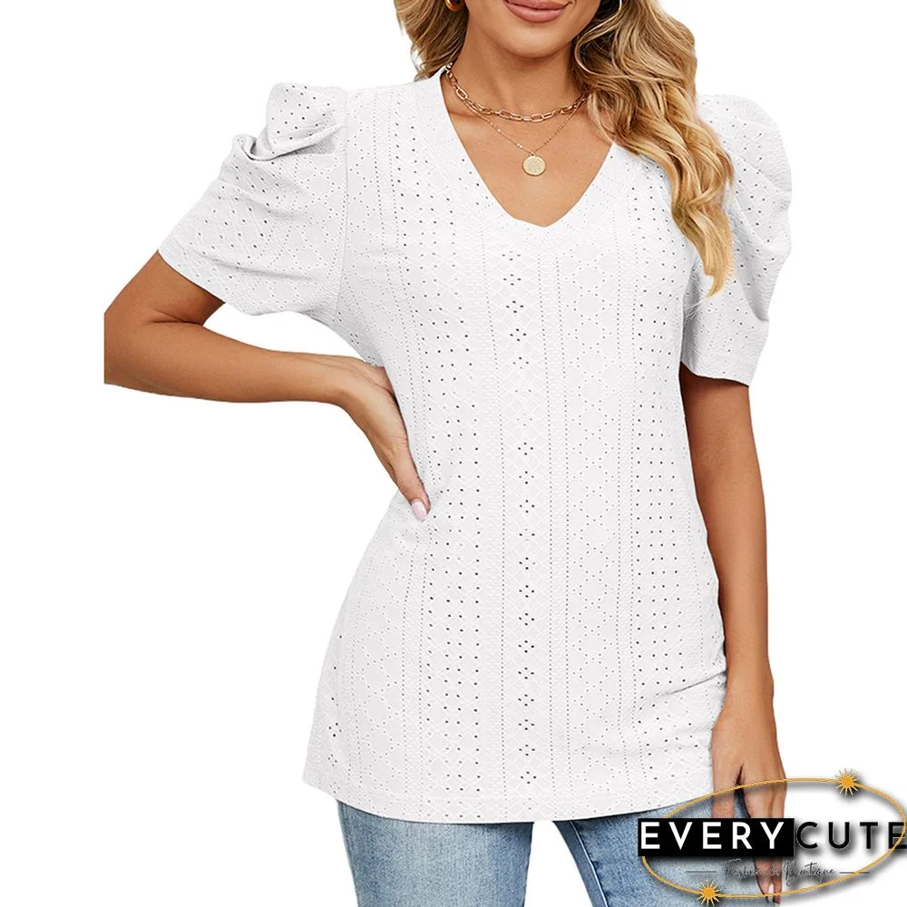 White Hollow-out V Neck Puff Sleeve Tops