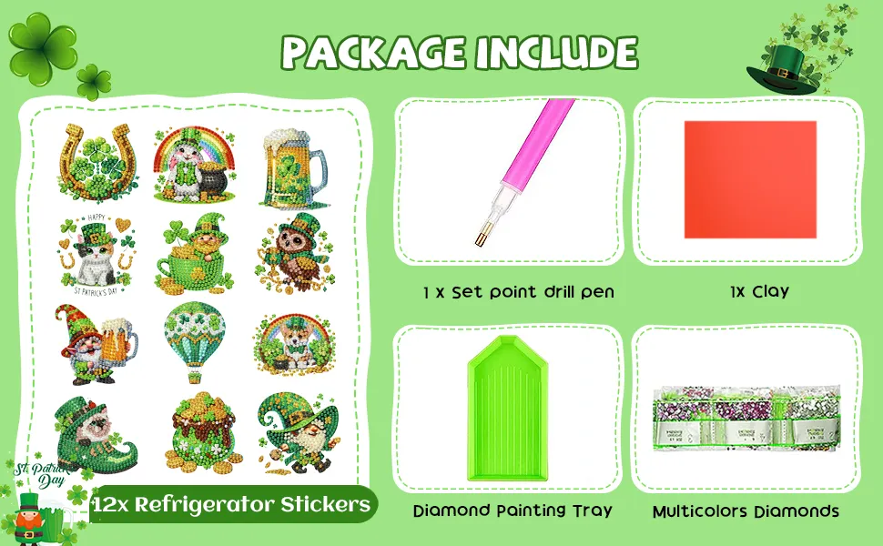 12Pcs Happy St Patricks Day DIY Diamond Art Fridge Magnet Refrigerator Sticker Diamond Art Stickers Refrigerator Painting Kits for Beginners Adults DIY Craft Gifts Home Decors