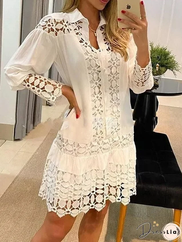 Women's Dress - Shirt Dress Casual Dress Midi Dress White Blue Green Long Sleeve Pure Color Ruched Spring Summer Shirt Collar Basic Daily Date Vacation Loose Fit S M L XL XXL 3XL