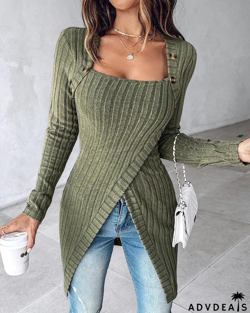 Buttoned Slit Asymmetrical Neck Knit Top