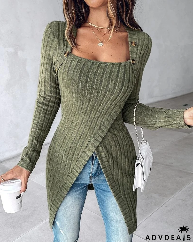 Buttoned Slit Asymmetrical Neck Knit Top