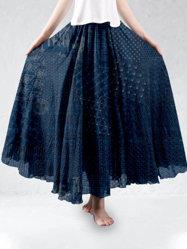 Japanese Traditional Sashiko Art Linen Blend Flowy Wide Skirt